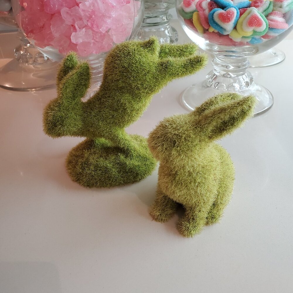 PAIR OF GREEN FUZZY EASTER RABBITS